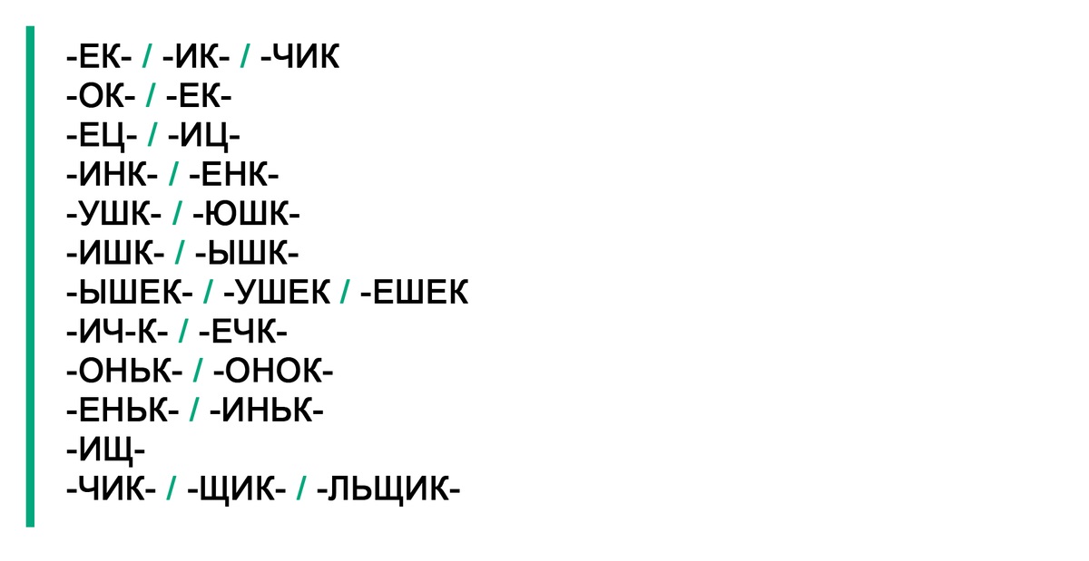Таблица, список, суффиксы, существительное