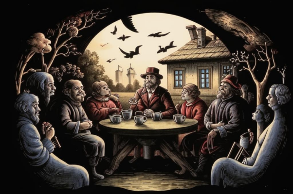 Плюшкин. / После / октябрьский скопидом / обстраивает стол и дом