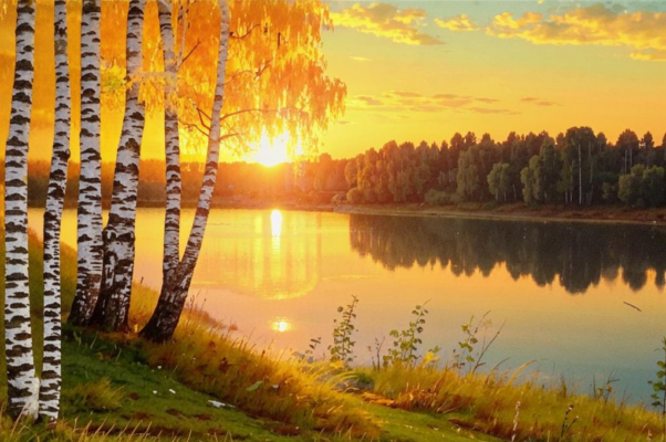 «С берега тихой реки, озаренной закатом...»