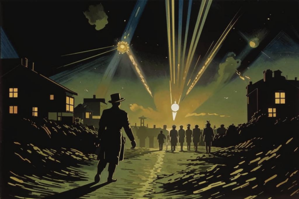 «Поздно, поздно! Вот — по небу прожектора...»