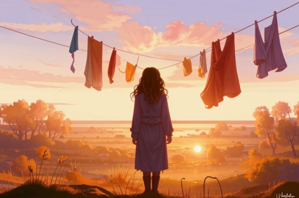 Девушка развешивает белье